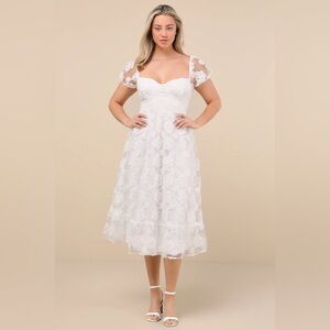 Lulus Notable Elegance White Mesh Floral Applique Bustier Midi Dress